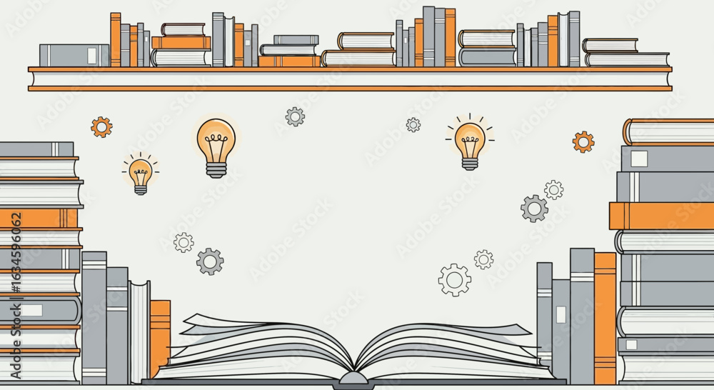 Poster creative bookshelf background with open book, light bulbs and gears representing knowledge and ideas
