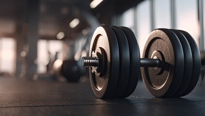 Dark gym dumbbell on floor