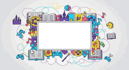 Creative doodle frame with elements of books, games, music, and castles illustration