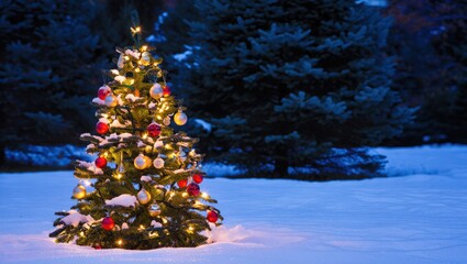 Decorated christmas tree with lights and ornaments in snowy outdoor setting at night time scene view