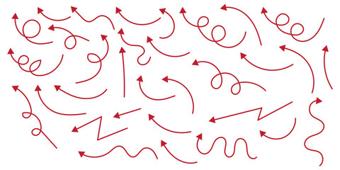 Hand drawn arrows icon set. Sketch curved arrows design. Arrow handmade. Doodle arrows of varios shapes and directions. Pointer and cursor icons.