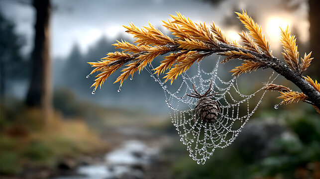 A close-up of a spider web covered in glistening morning dew drops, strung between blades of green grass in a sunlit summer meadow - Powered by Adobe