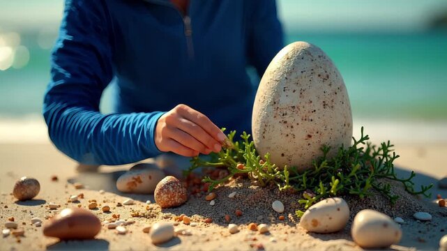 A person's hand carefully places greenery near a large, speckled egg on a sandy beach.