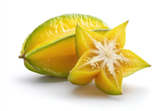 A whole and a cross-sectioned star fruit, vibrant yellow-gold with green edges, rest on a pristine white background.  The juicy, glistening fruit displays its unique star shape