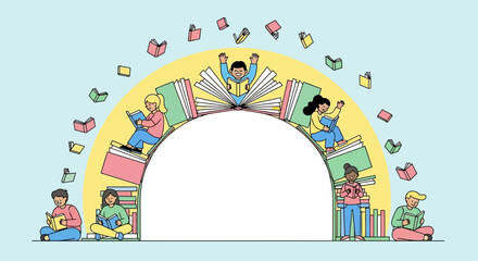 Diverse group of children enjoying reading books, creating a colorful and educational