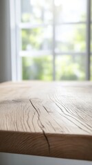 Bright natural light bathes a textured wooden table, showcasing its rustic grain