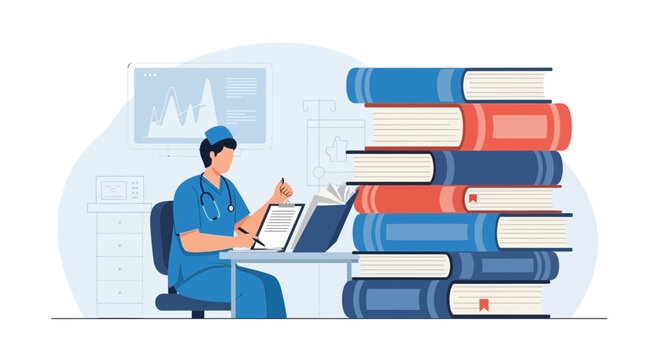 Doctor reviewing patient data and medical literature for professional development and patient