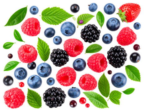 Scattered Raspberries and Wild Berries with Green Leaves, Dynamic Diagonal Composition, Isolated