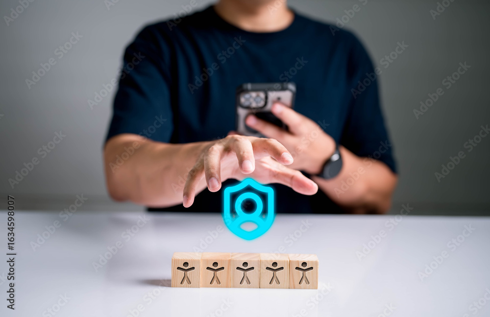 Poster data protection and cybersecurity concept with a businessman securing personal user data. digital pr