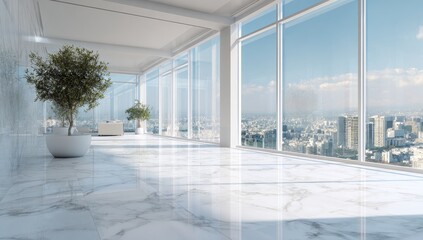 Modern, spacious interior with expansive city views.  White marble floors and walls, large windows, and potted trees