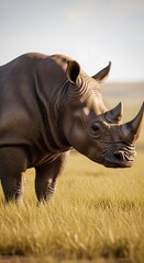 Obraz premium Rhinoceros standing majestically in a vast grassland under a clear sky at sunset