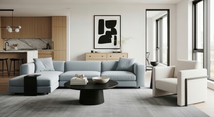 Modern living room with a light blue sectional sofa, armchair, coffee table, and abstract art, showcasing contemporary interior design in a spacious apartment