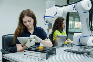 female and female engineering students operate robotic machine together during industry 4.0...