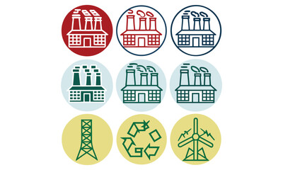 Factory and Industry Icons Power Plant, Manufacturing, Wind Energy, and Industrial Vector Set