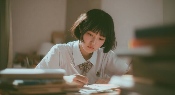 High school girl with short hair in a white uniform writes in her notebook at a desk surrounded by books and papers, with a blurred, neutral-toned background.