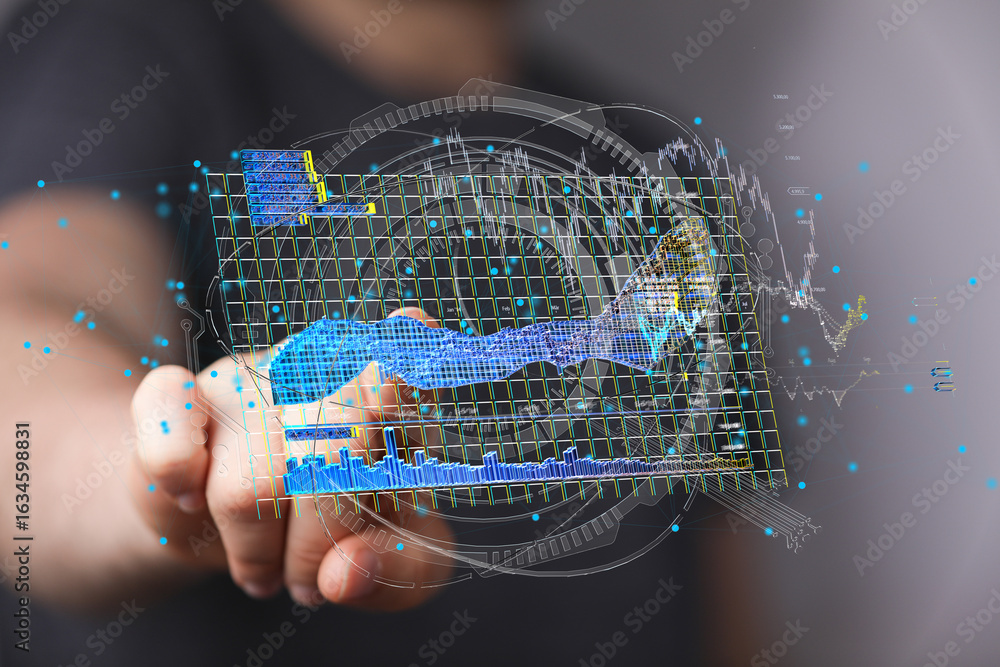Poster modern business analytics. hand interacts with 3d data charts and graphs. stock photo.