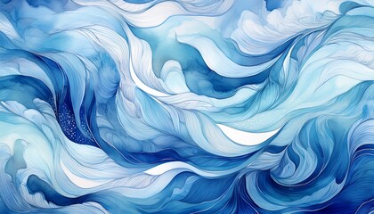 Obraz premium softly blended abstract watercolor background featuring a seamless pattern of flowing water with gentle waves and subtle ripples in soothing blue and white hues