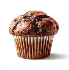 Delicious watercolor chocolate muffin with a soft, textured appearance on a white background, showcasing detailed, artistic flavor and warm chocolate tones.