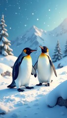 Fototapeta premium Two adorable penguins waddle on snowy hill, festive winter scene , snow, holiday illustration