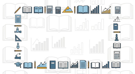 Educational tools and business data icons frame on book and graph background