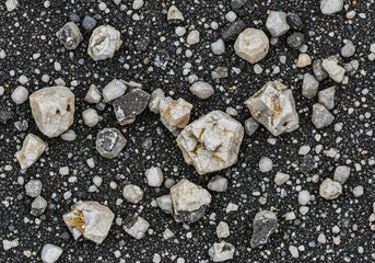 Assortment of small pebbles and white stones on black sand, volcanic rock texture for mineral and product display concepts