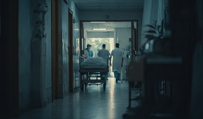 Hospital hallway. Doctors pushing patient stretcher
