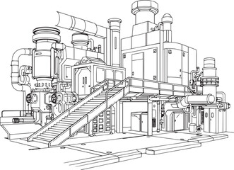 Factory, technical room, futurism, industry, equipment, mechanisms. Hand drawn vector illustration	