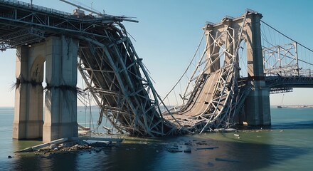 Dramatic View of a Collapsed Steel Suspension Bridge Over a Wide River