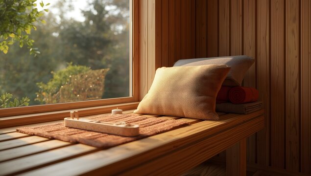Cozy wooden sauna bench with window view and soft pillow - Powered by Adobe