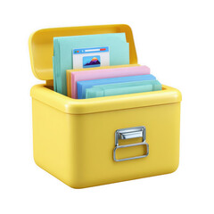 3d illustration of yellow file storage box with documents isolated on transparent background
