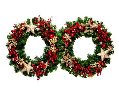 two beautifully crafted Christmas wreaths, each adorned with a rich arrangement of isolated on a transparent background.