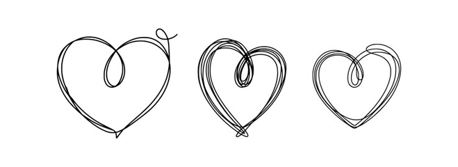 Three black line art hearts on white background love symbol