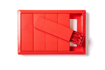 top view red matchboxes on white background