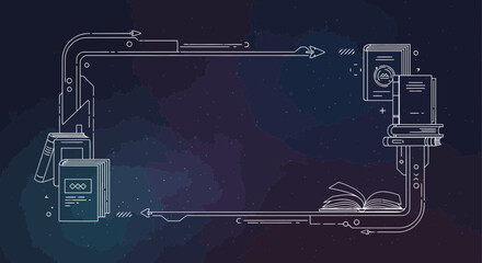 Elegant frame with books and cosmic background ideal for educational projects