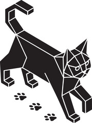 Isometric Cat Vector Illustration with Geometric Design and Paw Prints on Transparent Background