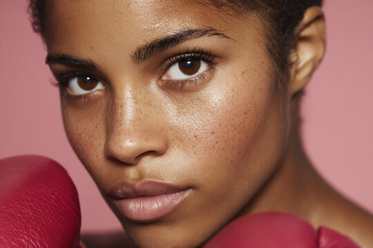 Focused boxer woman, with a sweaty complexion, poised with her gloves ready for action in a pink background, radiating strength. - Powered by Adobe