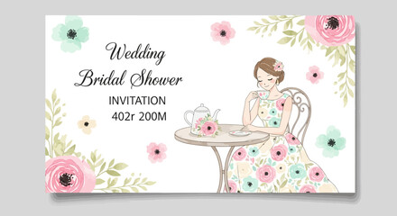 Elegant wedding bridal shower invitation card design with flowers and charming illustration
