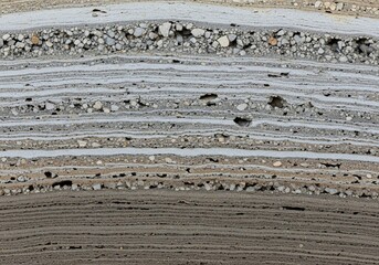 Stratified volcanic rock and sediment layers, detailed geological cross-section background for natural science and environmental themes