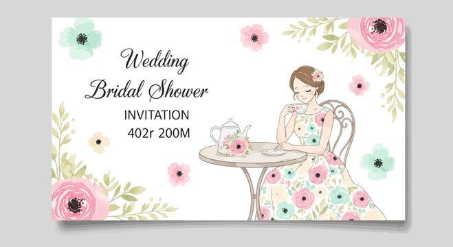 Elegant wedding bridal shower invitation card design with flowers and charming illustration