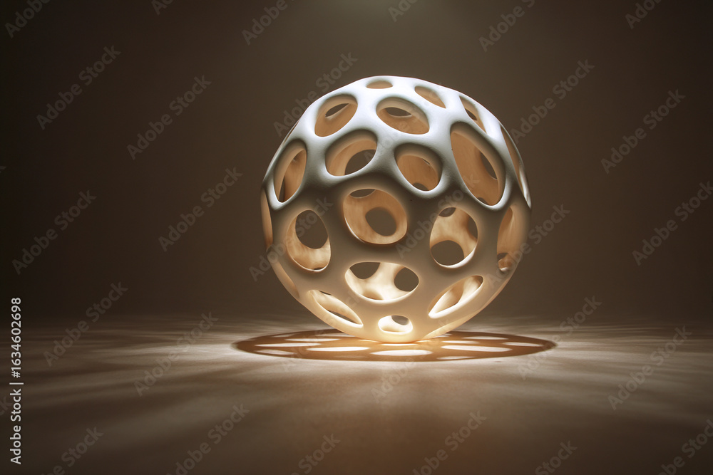 Poster abstract sphere with many circular cutouts, presented on a neutral backdrop with strategic lighting 
