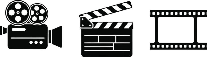 Movie and cinema vector icon set with camera, clapperboard, and filmstrip
