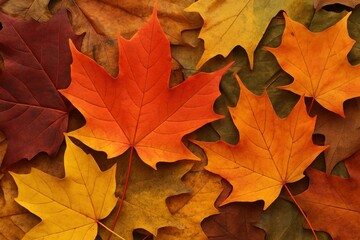 Fototapeta premium Vibrant autumn maple leaves scattered.