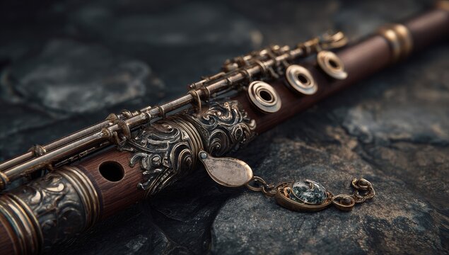 Ornate wooden flute resting on rough stones.  Close-up view of decorative elements
