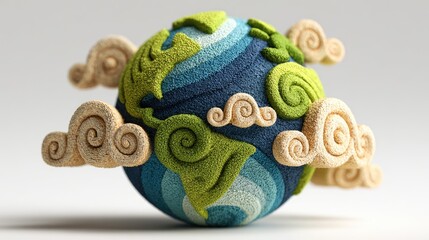 A whimsical textured globe surrounded by swirling clouds