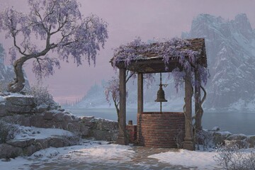 Snowy winter landscape with a well and wisteria