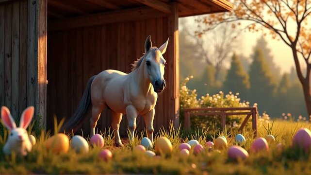 A serene scene featuring a white horse, Easter eggs, and a bunny in a barn setting.