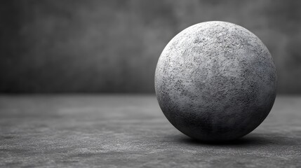 A textured sphere resting on a concrete surface casts a soft shadow against a blurred grey backdrop in a simple, monochromatic studio setting environment.