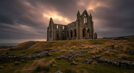 Ruins of an old abbey stand on a hill under a dramatic sky with clouds and hints of sunlight breaking through