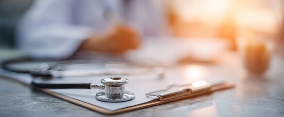 Doctor's office scene with stethoscope and clipboard