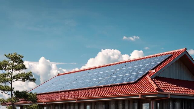 Solar panels installed on a house rooftop, soaking up sunlight on a bright, sunny day.